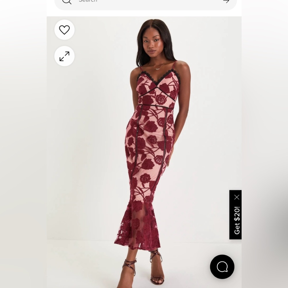 NWT: Alluring Dream Burgundy Floral Mesh Lace Trumpet Midi Dress